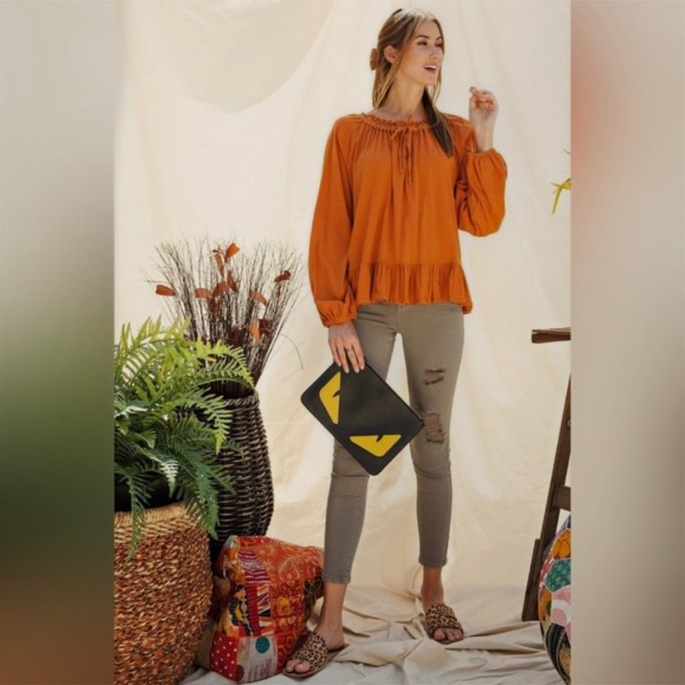 Easel Erica Long Sleeve Cotton Slub Henley Babydoll Tunic Pumpkin Orange Medium - Picture 8 of 14
